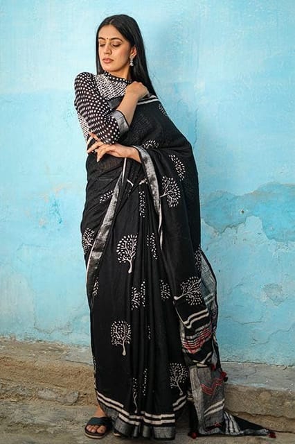 Sootisyahi -"Twilight" CHUNA PATRI HANDBLOCK PRINTED SLUB COTTON SAREE