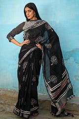 Sootisyahi -"Twilight" CHUNA PATRI HANDBLOCK PRINTED SLUB COTTON SAREE