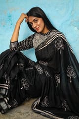 Sootisyahi -"Twilight" CHUNA PATRI HANDBLOCK PRINTED SLUB COTTON SAREE