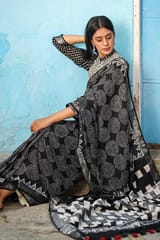 Sootisyahi -"CELESTIAL" CHUNA PATRI HANDBLOCK PRINT SLUB COTTON SAREE