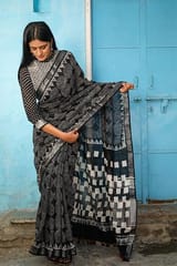Sootisyahi -"CELESTIAL" CHUNA PATRI HANDBLOCK PRINT SLUB COTTON SAREE