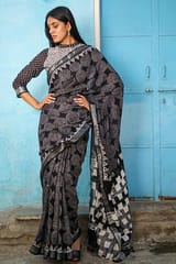 Sootisyahi -"CELESTIAL" CHUNA PATRI HANDBLOCK PRINT SLUB COTTON SAREE
