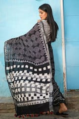 Sootisyahi -"CELESTIAL" CHUNA PATRI HANDBLOCK PRINT SLUB COTTON SAREE