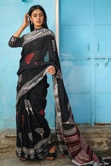 Sootisyahi -"CADENZA" CHUNA PATRI HANDBLOCK PRINT SLUB COTTON SAREE