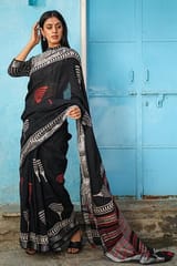 Sootisyahi -"CADENZA" CHUNA PATRI HANDBLOCK PRINT SLUB COTTON SAREE