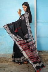 Sootisyahi -"CADENZA" CHUNA PATRI HANDBLOCK PRINT SLUB COTTON SAREE