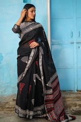 Sootisyahi -"CADENZA" CHUNA PATRI HANDBLOCK PRINT SLUB COTTON SAREE