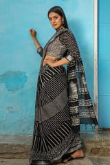 Sootisyahi -"SOLACE" CHUNA PATRI HANDBLOCK PRINT SLUB COTTON SAREE