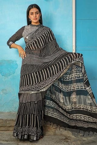 Sootisyahi -"SOLACE" CHUNA PATRI HANDBLOCK PRINT SLUB COTTON SAREE