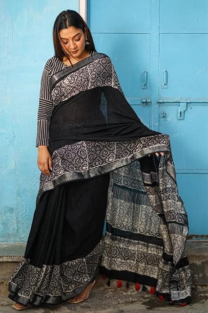 Sootisyahi -"AVANT" CHUNA PATRI HANDBLOCK PRINT SLUB COTTON SAREE