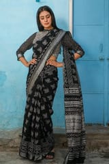 Sootisyahi -"ARIA" CHUNA PATRI HANDBLOCK PRINTED SLUB COTTON SAREE