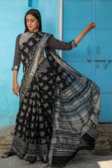 Sootisyahi -"ARIA" CHUNA PATRI HANDBLOCK PRINTED SLUB COTTON SAREE