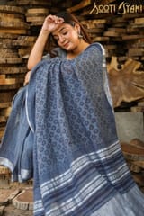 Sootisyahi -"REFLECTION" HANDBLOCK PRINT SLUB COTTON SAREE