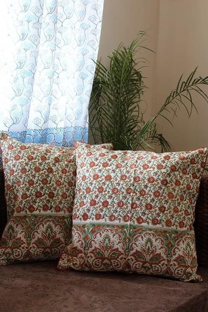 Sootisyahi 'Gul Yas' Handblock Printed Cotton Cushion Cover Set