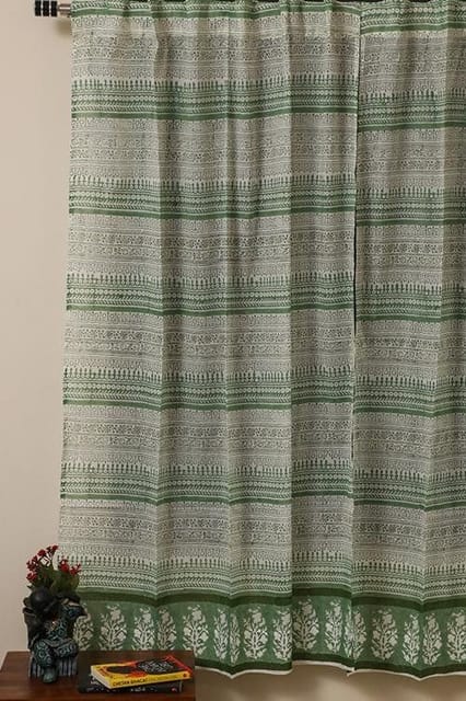 Sootisyahi 'Floral Mosaic' Handblock Printed Voile Cotton Door and Window Curtain Combo