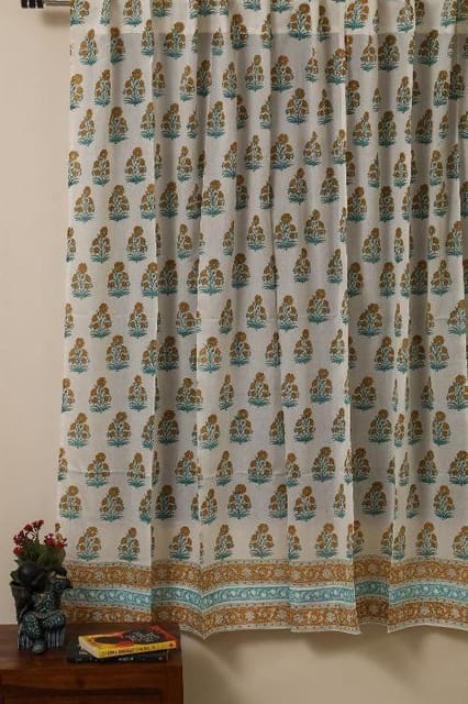 Sootisyahi 'Flowering Day' Handblock Printed Voile Cotton Door and Window Curtain Combo