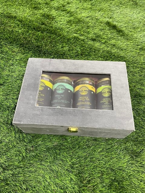 Glenberg Tea Gift Box - Velvet Gift Box (MDF) with Window with 4 Jars