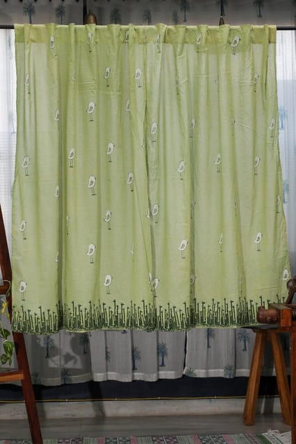SootiSyahi 'Jungle Tale- Pastel Green' Handblock Printed Cotton Window Curtain