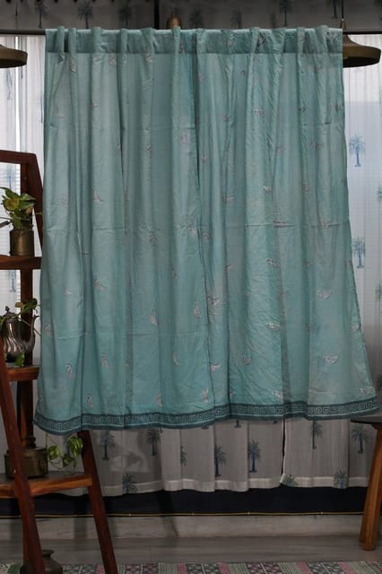 SootiSyahi 'Hiding Sparrow- Pastel Pine' Handblock Printed Cotton Window Curtain