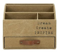 Mona B Upcycled Canvas Pen and Pencil Stationary Storage Tidy Desk Organizer Box with 4 Compartment for Home and Office Accessories and a small accessories drawer for additional storage