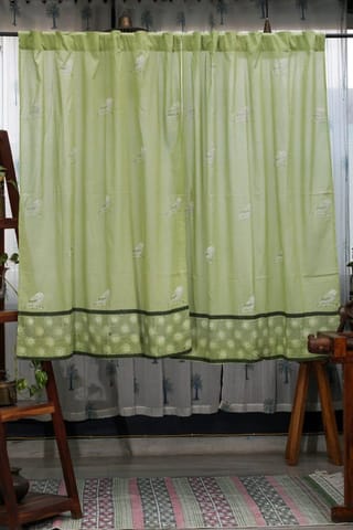 SootiSyahi 'Garden Sparrow- Pastel Green' Handblock Printed Cotton Window Curtain