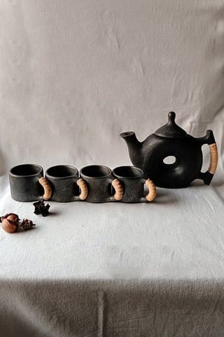 Terracotta by Sachii Longpi Black Pottery Teapot-Cups Set