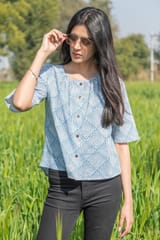 Sootisyahi 'Breezy Mint' Azofree Handblock Printed Pure Cotton Crop Top