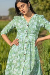 Sootisyahi 'Sea Sage' Azofree Handblock Printed Pure Cotton Dress