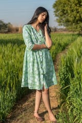 Sootisyahi 'Sea Sage' Azofree Handblock Printed Pure Cotton Dress