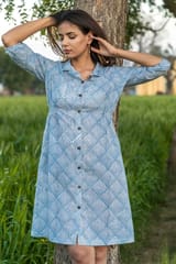 Sootisyahi 'Blue and Bay' Azofree Handblock Printed Pure Cotton Dress