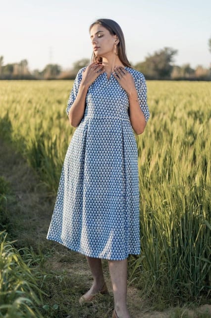 Sootisyahi 'Sea Blue' Azofree Handblock Printed Pure Cotton Dress