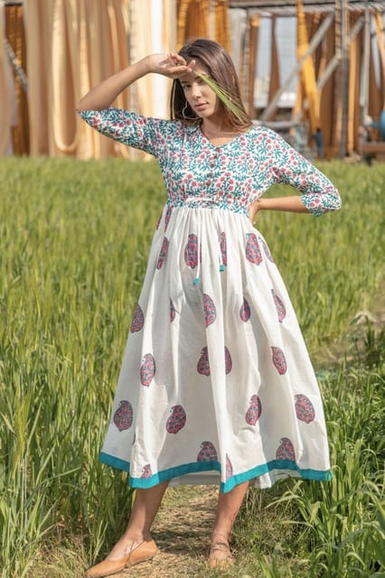 Sootisyahi 'Paisley in the Garden' Azofree Handblock Printed Pure Cotton Dress