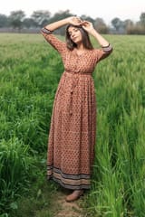 Sootisyahi 'Earthen Bliss' Bagru Handblock Printed Pure Cotton Dress