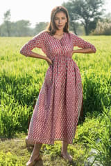 Sootisyahi 'Mesmerizing Maroon' Azofree Handblock Printed Pure Cotton Dress