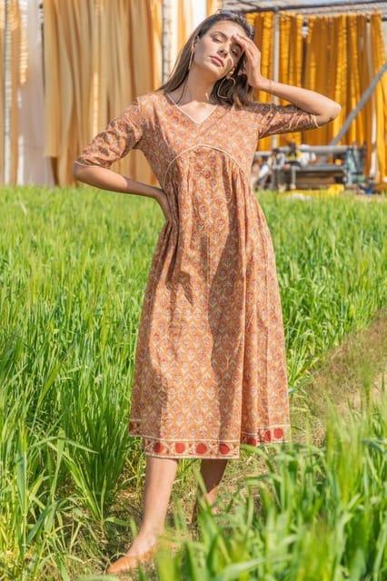 Sootisyahi 'Dusky Dawn' Azofree Handblock Printed Pure Cotton Dress