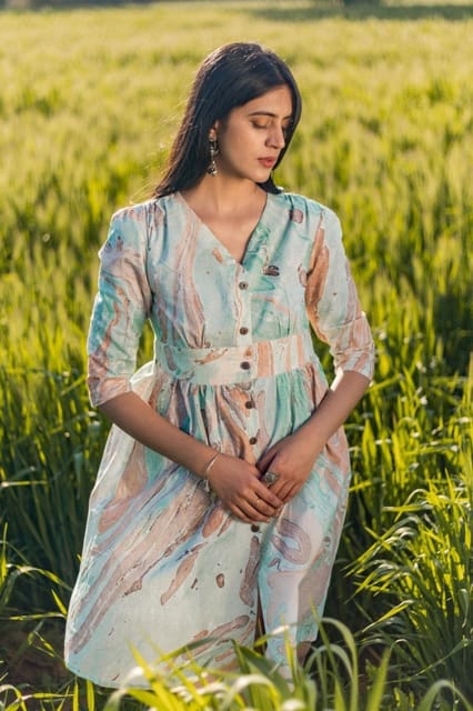 Sootisyahi 'Flow Rust'  Handmarble Printed Pure Cotton Dress