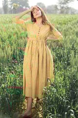 Sootisyahi 'Mustard Medow' Azofree Handblock Printed Pure Cotton Dress
