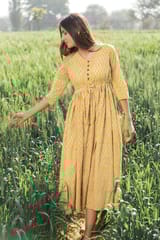 Sootisyahi 'Mustard Medow' Azofree Handblock Printed Pure Cotton Dress