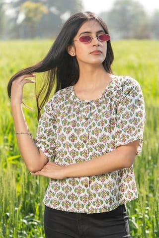 Sootisyahi 'Fresh Flora' Azofree Handblock Printed Pure Cotton Crop Top