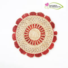 Craftlipi-Handwoven Jute Door Mat in Red and Beige Jute Fibers  (Dia. 16 inch)