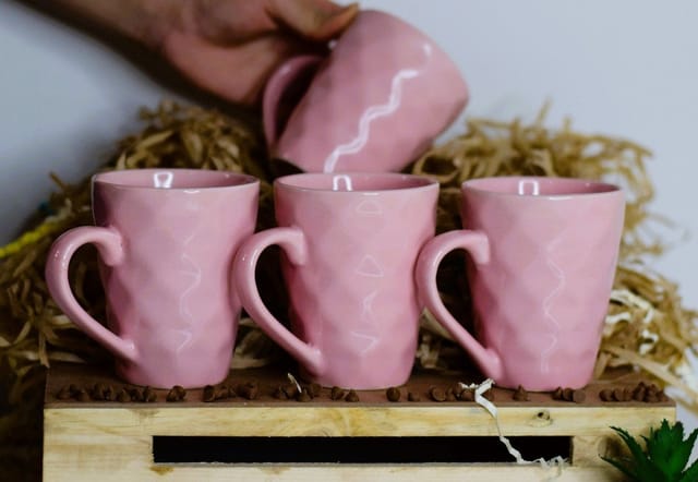 Country Clay-Coffee Mug (Diamond, Pink) - Set of 4 Made of Ceramic by Country Clay