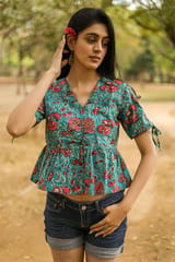 Sootisyahi 'Rouge-n-Roses' Azofree Handblock Printed Pure Cotton Crop Top