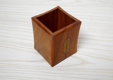 The Beehive India Leaf Inlay Pattern Cutlery Holder - Made of Neem Wood