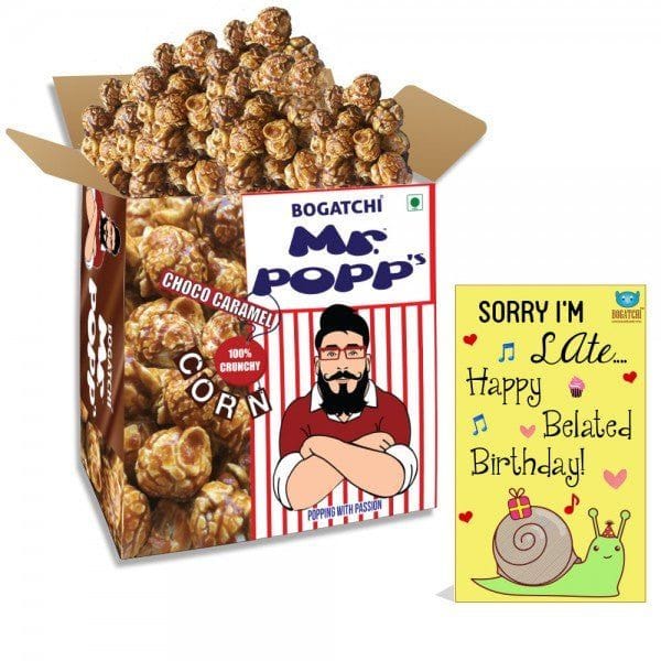 BOGATCHI Mr.POPP's Chocolate Crunchy Caramel Gourmet Popcorn, Belated Birthday Gift, 375g + FREE Happy Belated Birthday Greeting Card