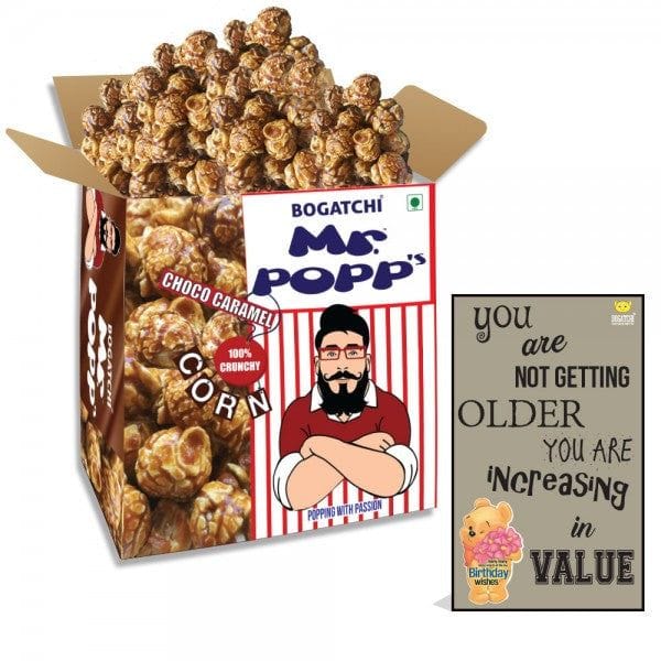 BOGATCHI  Mr.POPP's Chocolate Crunchy Caramel Popcorn, HandCrafted Gourmet Popcorn, Best Birthday Gift for Mother , 375g + FREE Happy Birthday Greeting Card