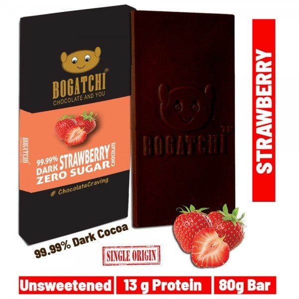 BOGATCHI Vegan Dark Chocolate STRAWBERRY | 99.99% Dark | Gluten FREE, 80 gm