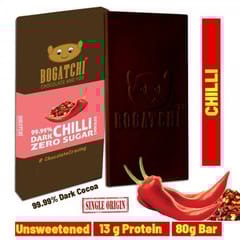 BOGATCHI  Vegan Dark  Chocolate | 99.99% Dark | CHILLI | Gluten FREE, 80 gm