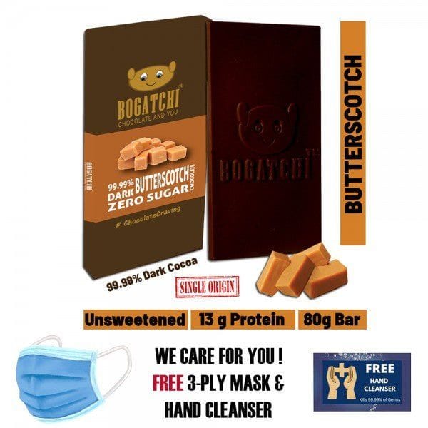 BOGATCHI  Vegan Dark  Chocolate | 99.99% Dark | BUTTERSCOTCH | Gluten FREE, 80 gm
