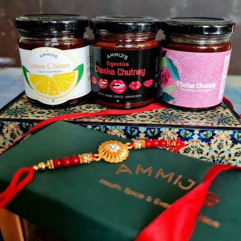 Ammiji's Rakhi Gift Hamper - Chutney box - Phaalsa Chutney, Lemon Chutney, Chaska Chutney