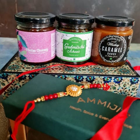 Ammiji's Rakhi Gift Hamper - Bestseller box - Phaalsa Chutney, Whiskey Caramel, Gudmirchi Achaar